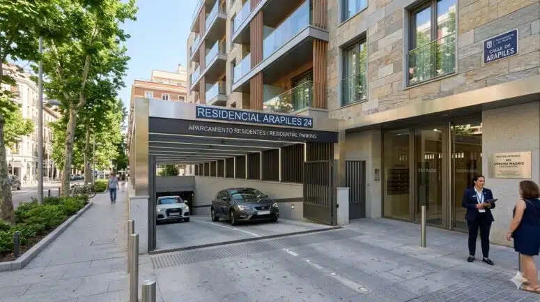 Edificio de viviendas moderno en Madrid con acceso a garaje y trasteros.