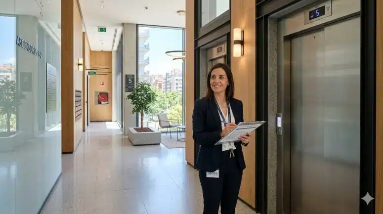 Administrador de fincas revisando documentos de la comunidad de propietarios en Madrid frente a un ascensor moderno.