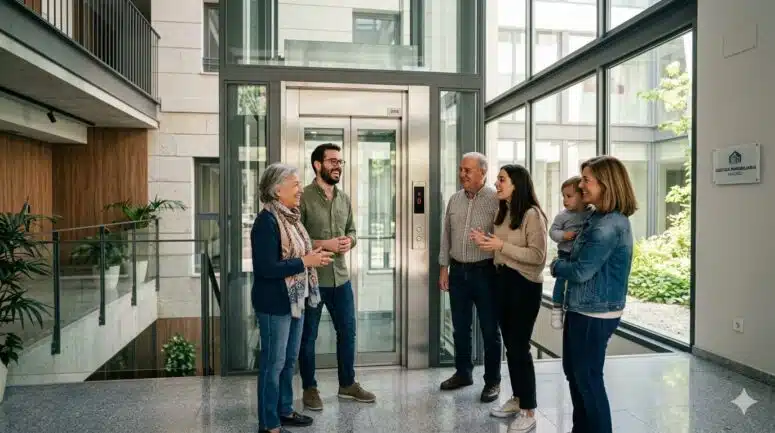 Vecinos de una comunidad en Madrid conversando animadamente frente a un nuevo ascensor instalado, con luz natural y diseño moderno.