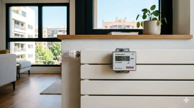 Contadores individuales de calefacción instalados en radiadores de un edificio moderno en Madrid