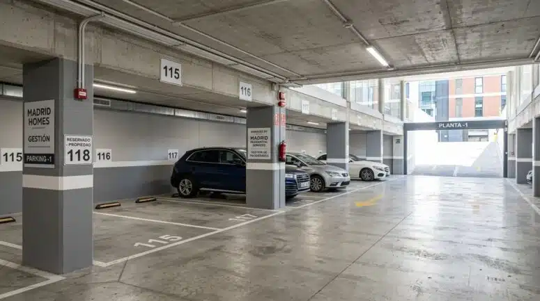 Representación de una plaza de garaje privada en un edificio moderno de Madrid
