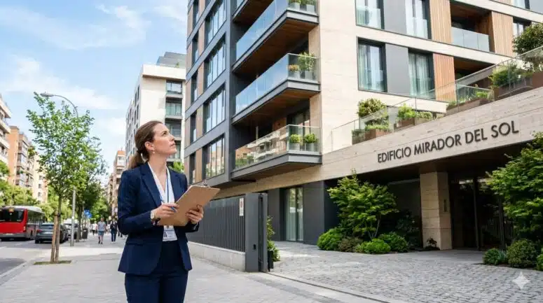 Administrador de fincas en Madrid revisando documentos legales de una comunidad de propietarios con un edificio al fondo