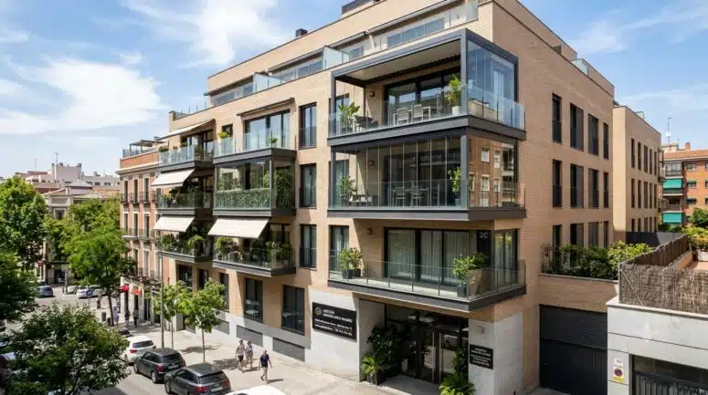 Edificio residencial moderno en Madrid donde se observa una vivienda con una posible ampliación ilegal en la terraza