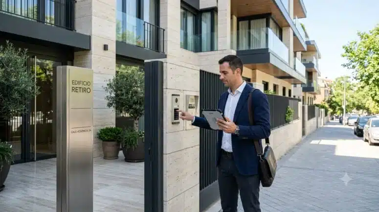Administrador de fincas profesional supervisando la seguridad de un edificio de viviendas en Madrid para prevenir intrusiones