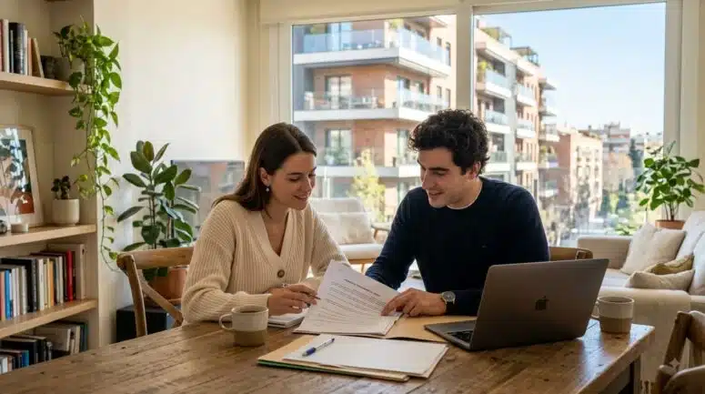 Pareja joven analizando documentos legales en su vivienda de protección pública (VPPB) en Madrid