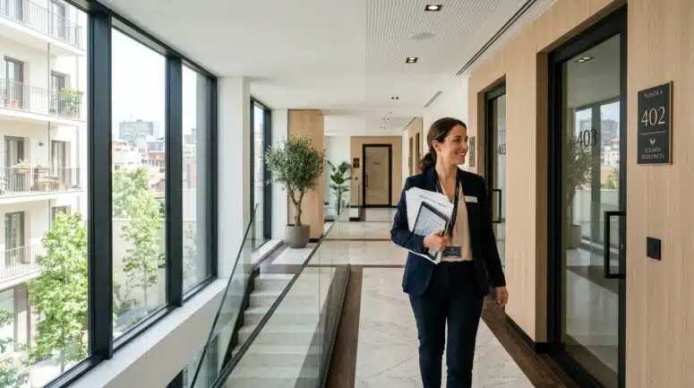 Administrador de fincas profesional revisando planos de una comunidad de vecinos en Madrid para la instalación de un ascensor