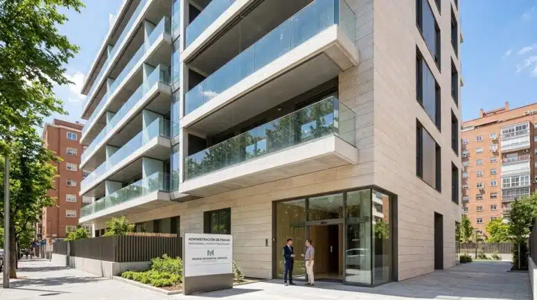 Edificio residencial moderno en Madrid con luz natural y contexto de gestión inmobiliaria profesional