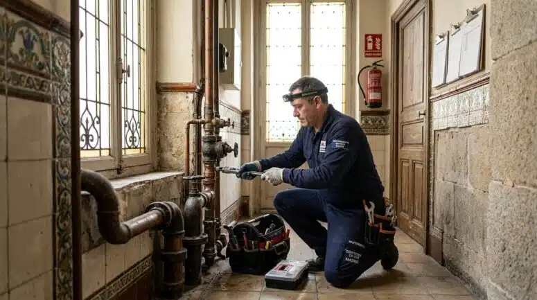 Fontanería y bajantes en edificio de Madrid siendo reparadas por profesional de comunidades