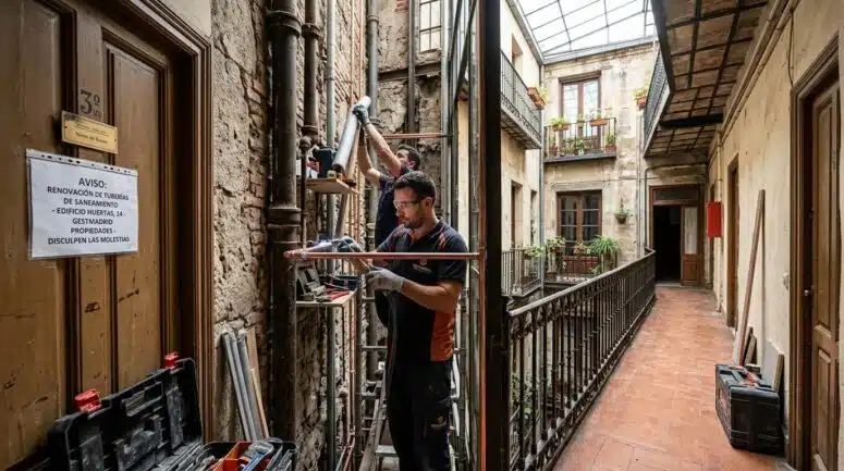 Fontanería de bajantes en un edificio antiguo de Madrid con gestión profesional